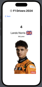 iPhone simulator showing F1 Drivers 2024 app with driver card displaying Lando Norris, number 4, McLaren team, and portrait photo in orange racing suit.